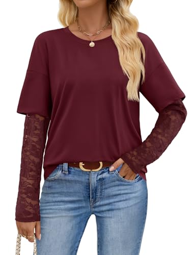 MEROKEETY Lace Casual Crew Neck Trendy Cute T Shirts Blouses