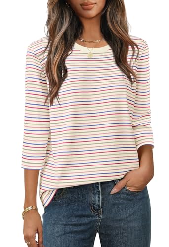 MEROKEETY 3/4 Sleeve Blouse Crewneck Colorful Striped Shirt