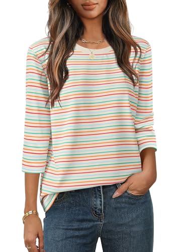 MEROKEETY 3/4 Sleeve Blouse Crewneck Colorful Striped Shirt