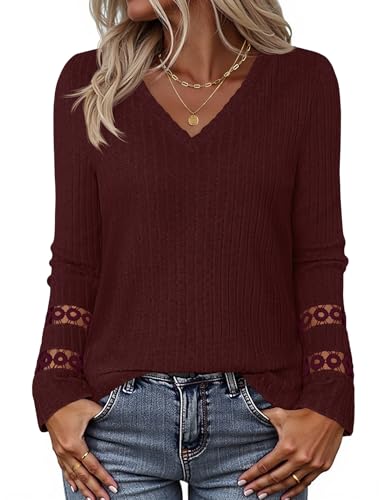 MEROKEETY Trendy V Neck Ribbed Lightweight Sweaters T Shirts