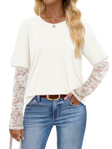 MEROKEETY Lace Casual Crew Neck Trendy Cute T Shirts Blouses