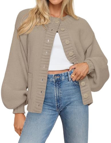 MEROKEETY Lantern Sleeve Button Down Crewneck Open Front Coat