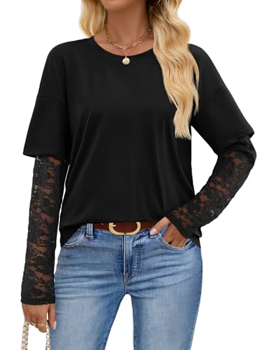 MEROKEETY Lace Casual Crew Neck Trendy Cute T Shirts Blouses