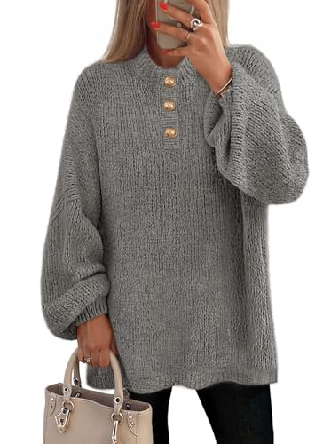 MEROKEETY Oversized Sweaters Chunky Lantern Buttoned Mock Neck Tops