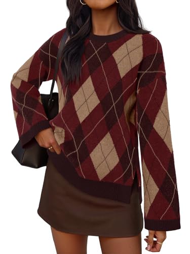 MEROKEETY Argyle Plaid Crewneck Loose Color Block Knit Pullover Tops