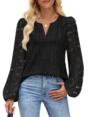 MEROKEETY Eyelet Long Sleeve Tops Dressy Casual V Neck Shirts