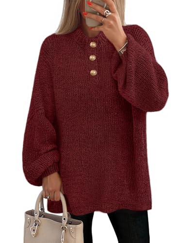 MEROKEETY Oversized Sweaters Chunky Lantern Buttoned Mock Neck Tops