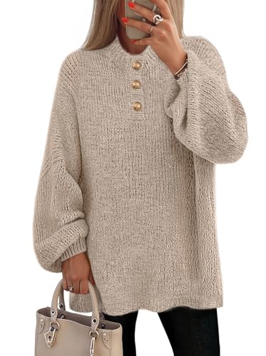 MEROKEETY Oversized Sweaters Chunky Lantern Buttoned Mock Neck Tops