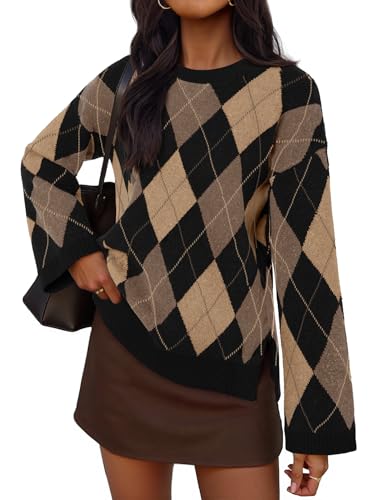 MEROKEETY Argyle Plaid Crewneck Loose Color Block Knit Pullover Tops
