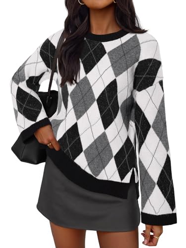 MEROKEETY Argyle Plaid Crewneck Loose Color Block Knit Pullover Tops