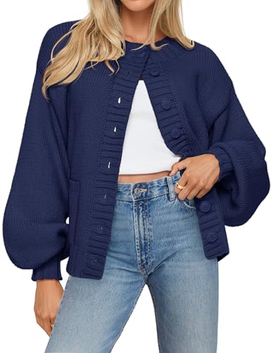 MEROKEETY Lantern Sleeve Button Down Crewneck Open Front Coat