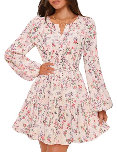 MEROKEETY Floral V Neck Elastic Waist Flowy Swing Boho Dresses