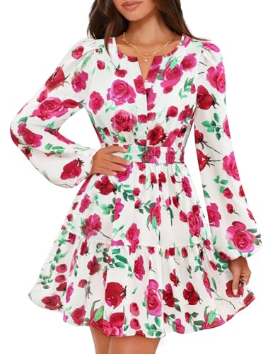 MEROKEETY Floral V Neck Elastic Waist Flowy Swing Boho Dresses