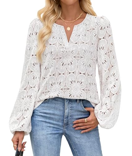 MEROKEETY Eyelet Long Sleeve Tops Dressy Casual V Neck Shirts