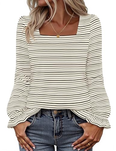 MEROKEETY Square Neck Striped Shirt Puff Casual Loose Tops
