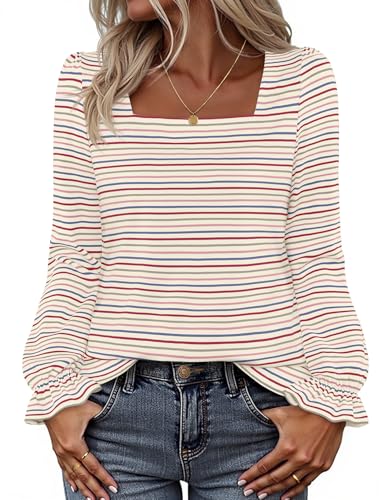 MEROKEETY Square Neck Striped Shirt Puff Casual Loose Tops