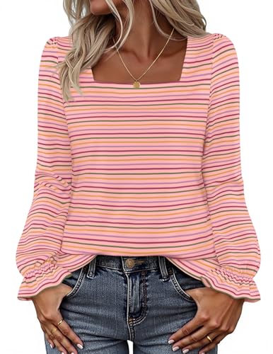 MEROKEETY Square Neck Striped Shirt Puff Casual Loose Tops