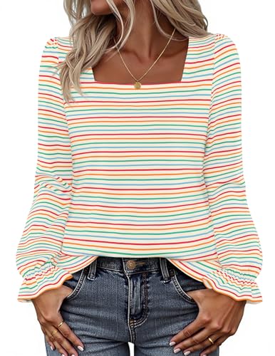 MEROKEETY Square Neck Striped Shirt Puff Casual Loose Tops