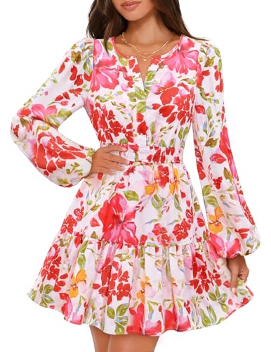 MEROKEETY Floral V Neck Elastic Waist Flowy Swing Boho Dresses