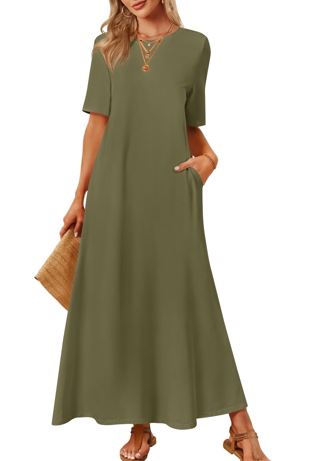 merokeety casual dresses MEROKEETY Women's 2025 Summer Maxi Dress Casual Short Sleeve Beach Vacation Crewneck Basic Long T Shirt Dresses, ArmyGreen, Small at Amazon Women's Clothing store