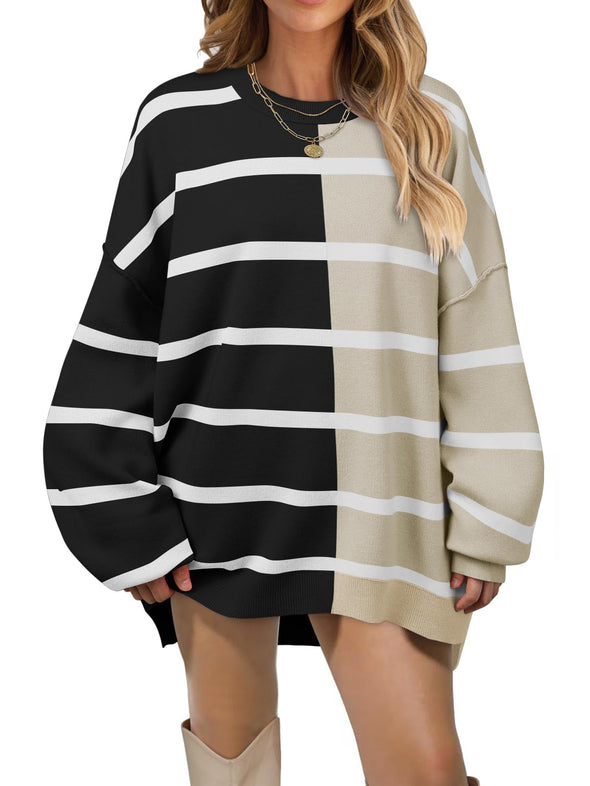 MEROKEETY Long Sleeve Color Block Striped Oversized Sweater