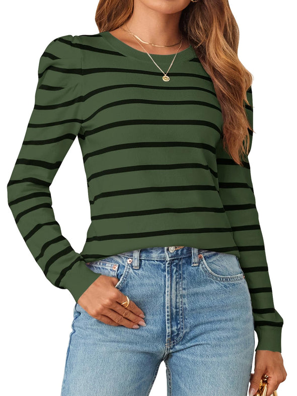 MEROKEETY Women's Striped Long Puff Sleeve Casual Crew Neck Sweaters