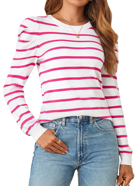 MEROKEETY Women's Striped Long Puff Sleeve Casual Crew Neck Sweaters