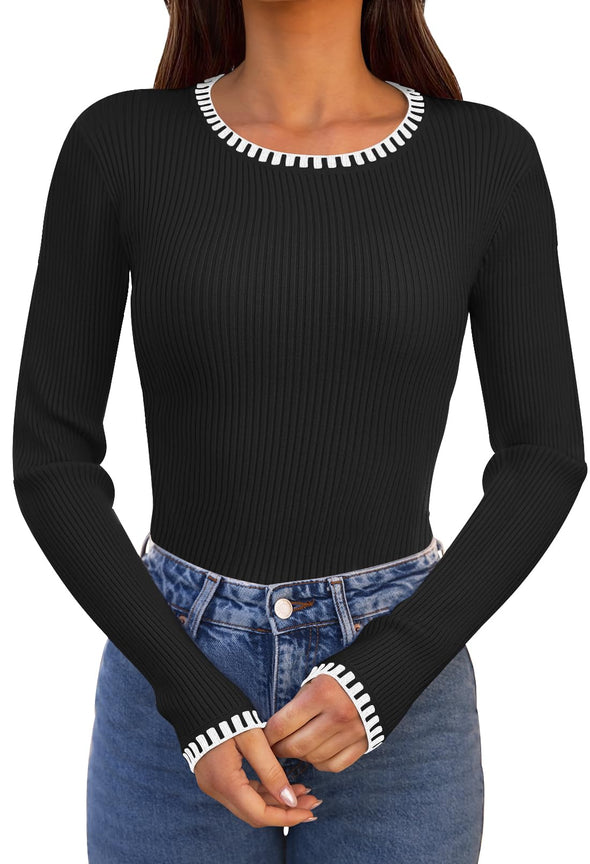 MEROKEETY Women's Long Sleeve Ribbed Color Block Sweater Crewneck Basic Knit Tops