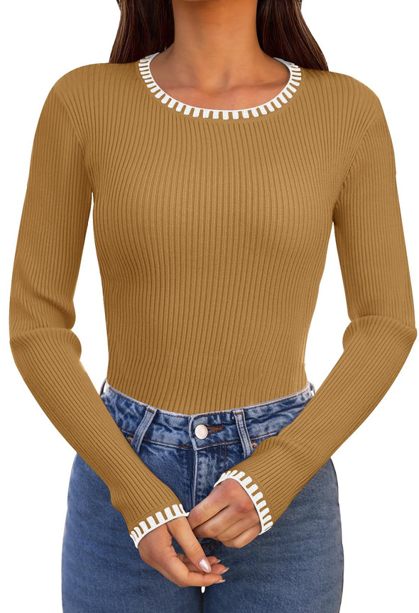 MEROKEETY Women's Long Sleeve Ribbed Color Block Sweater Crewneck Basic Knit Tops