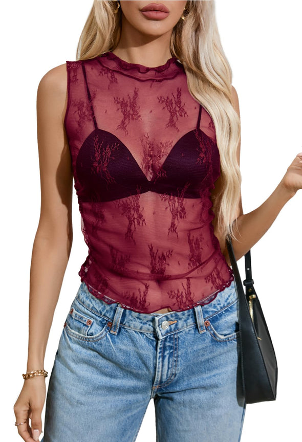 MEROKEETY Women's 2024 Sleeveless Sheer Mesh Lace Crop Top