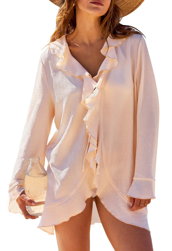 MEROKEETY Women's 2024 Tie-Front Long Sleeve Beach Cover-Up Blouse