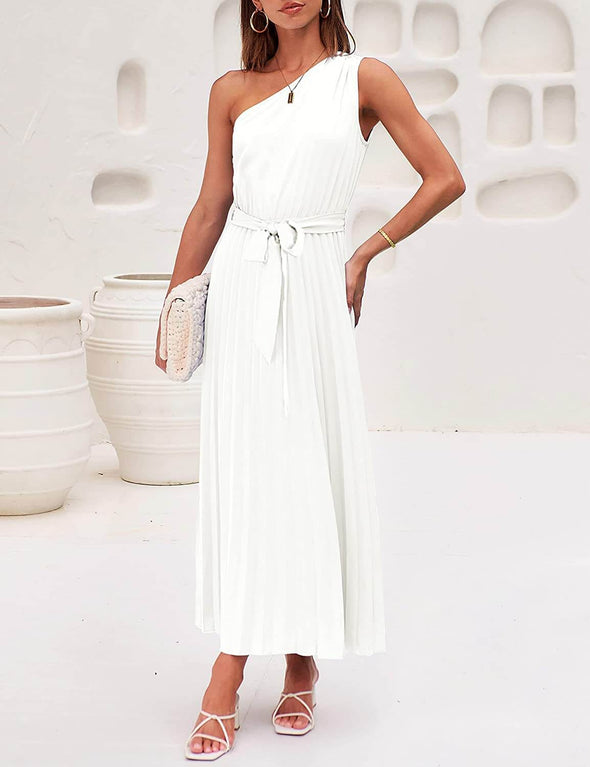 MEROKEETY One Shoulder Sleeveless Pleated Maxi Dress