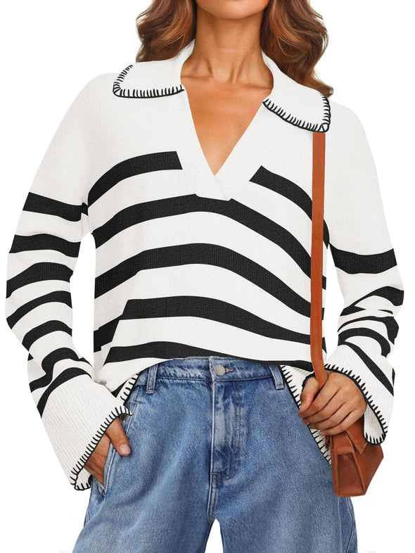 MEROKEETY Women's Fall Oversized Striped Sweater Collared V Neck Knit Pullover