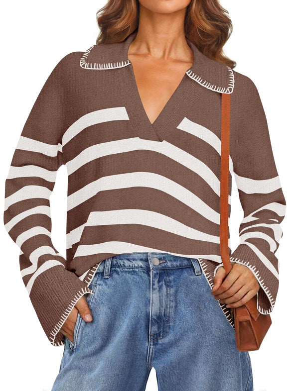 MEROKEETY Women's Fall Oversized Striped Sweater Collared V Neck Knit Pullover