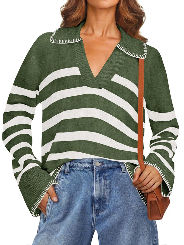 MEROKEETY Women's Fall Oversized Striped Sweater Collared V Neck Knit Pullover