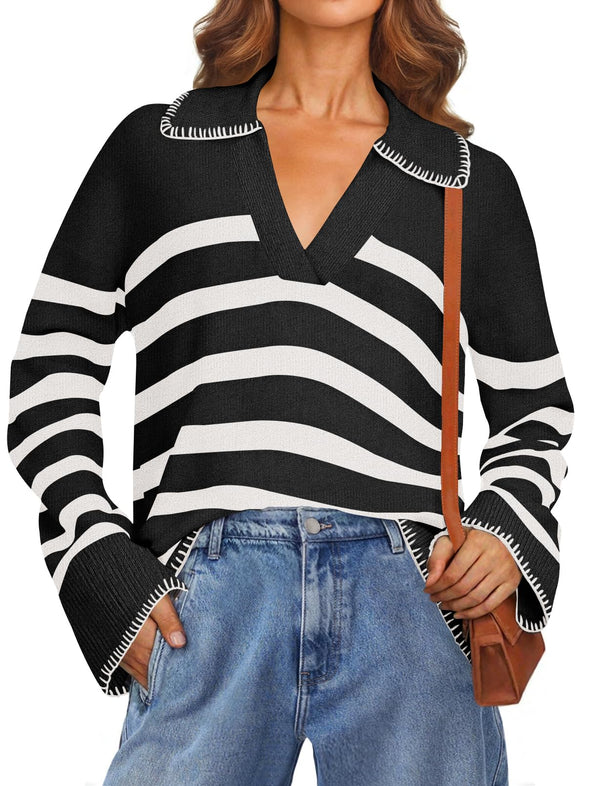 MEROKEETY Women's Fall Oversized Striped Sweater Collared V Neck Knit Pullover