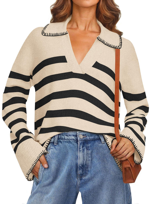 MEROKEETY Women's Fall Oversized Striped Sweater Collared V Neck Knit Pullover