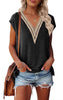 MEROKEETY Women Casual Short Sleeve Summer Tops V Neck Lace Pleated Blouses Tunic Tops