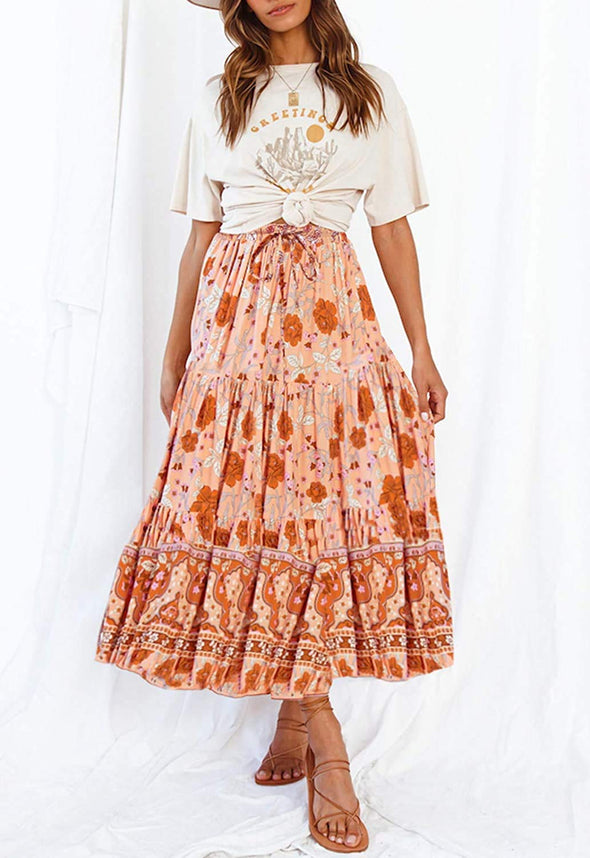 MEROKEETY Boho Floral Print Pleated Skirt
