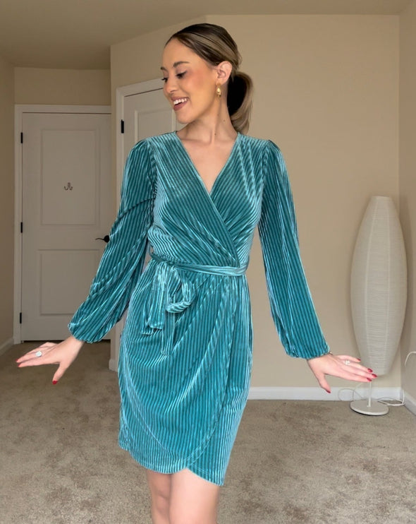 MEROKEETY Long Sleeve Wrap Velvet Mini Dress
