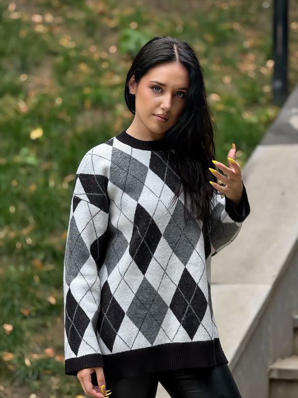 MEROKEETY Argyle Plaid Crewneck Loose Color Block Knit Pullover Tops