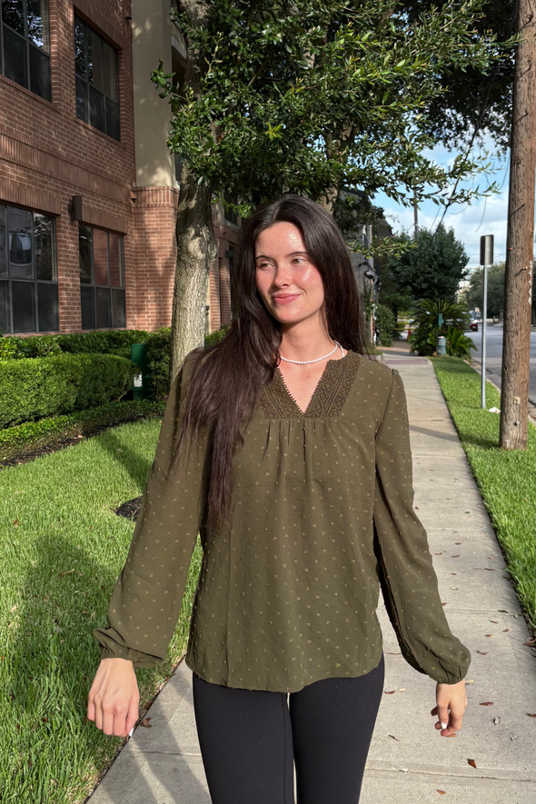 MEROKEETY Fall Blouse Crochet Lace V Neck Swiss Dot Tops