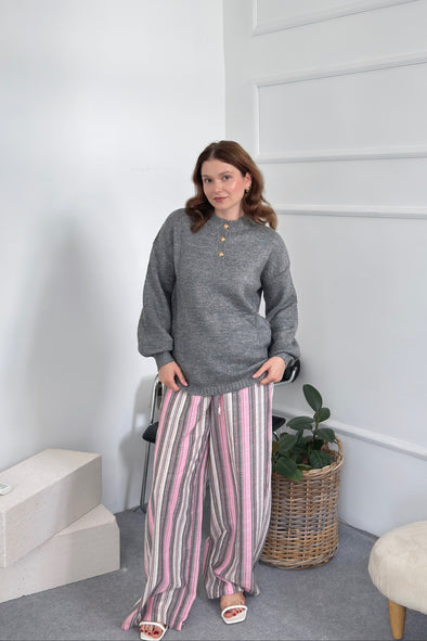 MEROKEETY Oversized Sweaters Chunky Lantern Buttoned Mock Neck Tops