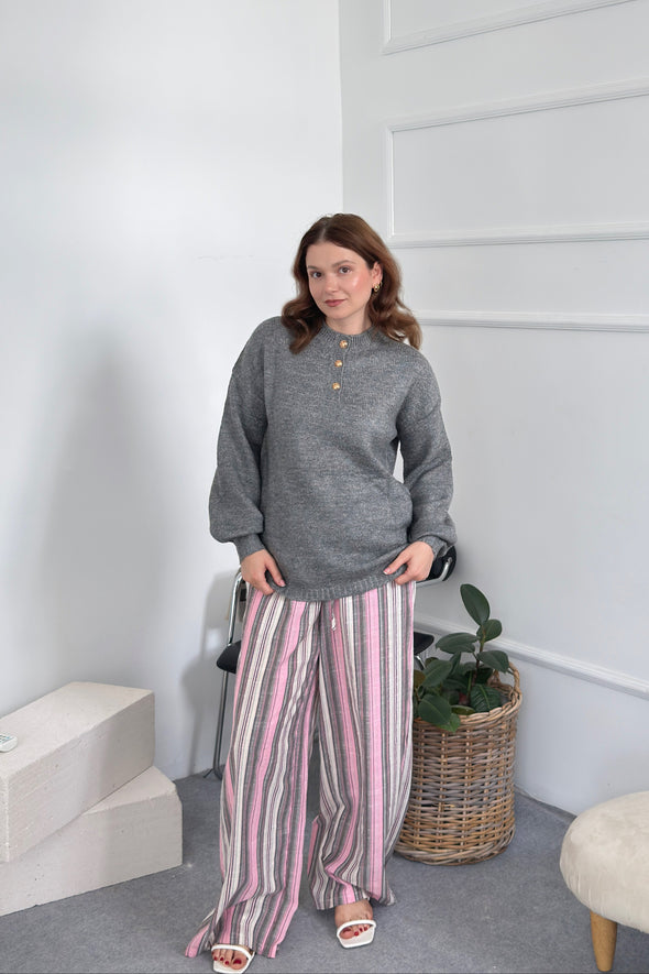 MEROKEETY Oversized Sweaters Chunky Lantern Buttoned Mock Neck Tops