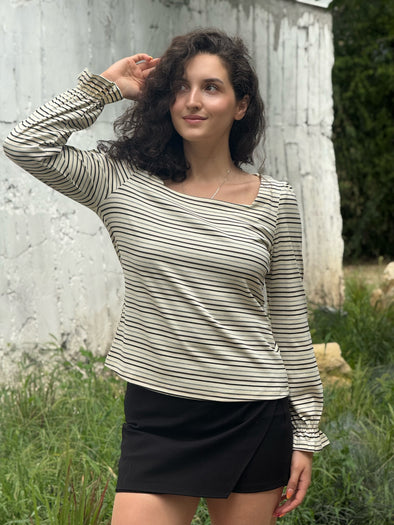 MEROKEETY Square Neck Striped Shirt Puff Casual Loose Tops