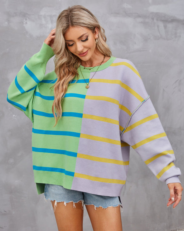 MEROKEETY Long Sleeve Color Block Striped Oversized Sweater