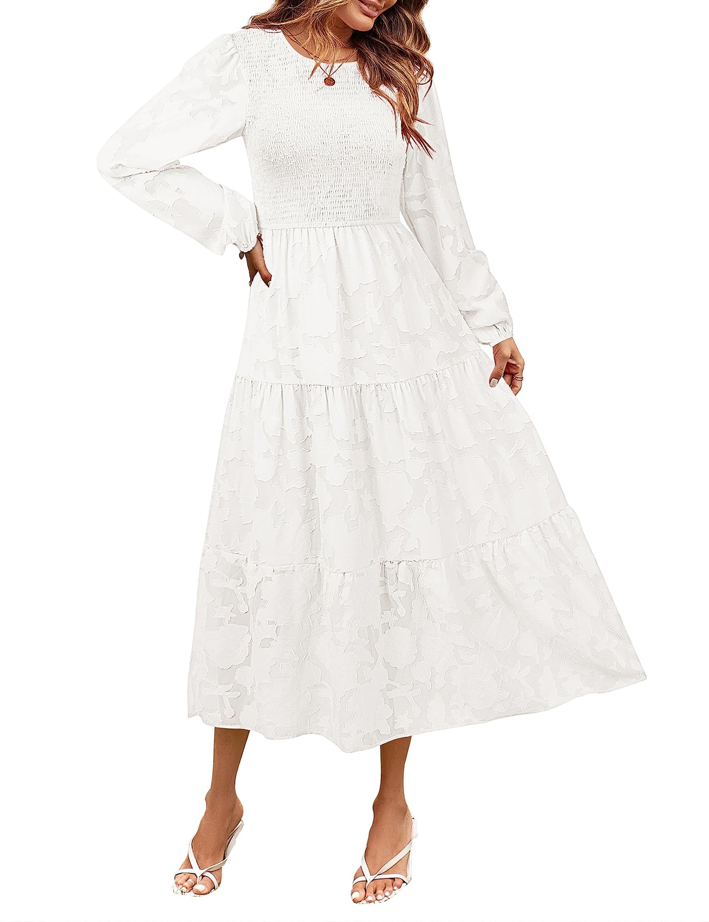 MEROKEETY Floral Textured Long Sleeve Smocked Midi Dress Merokeety MEROKEETY Floral Textured Long Sleeve Smocked Midi Dress Merokeety