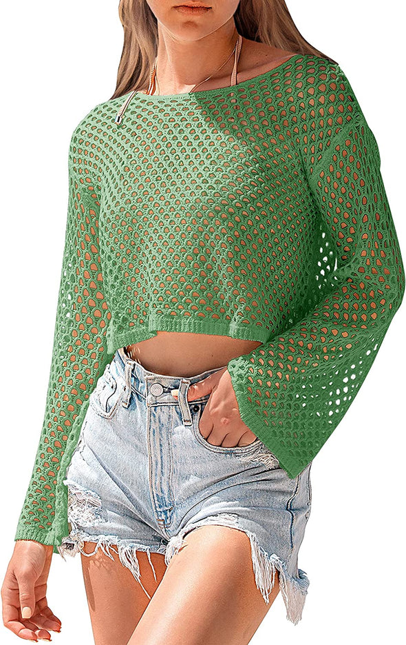 MEROKEETY Long Sleeve Crochet Coverup Crop Top