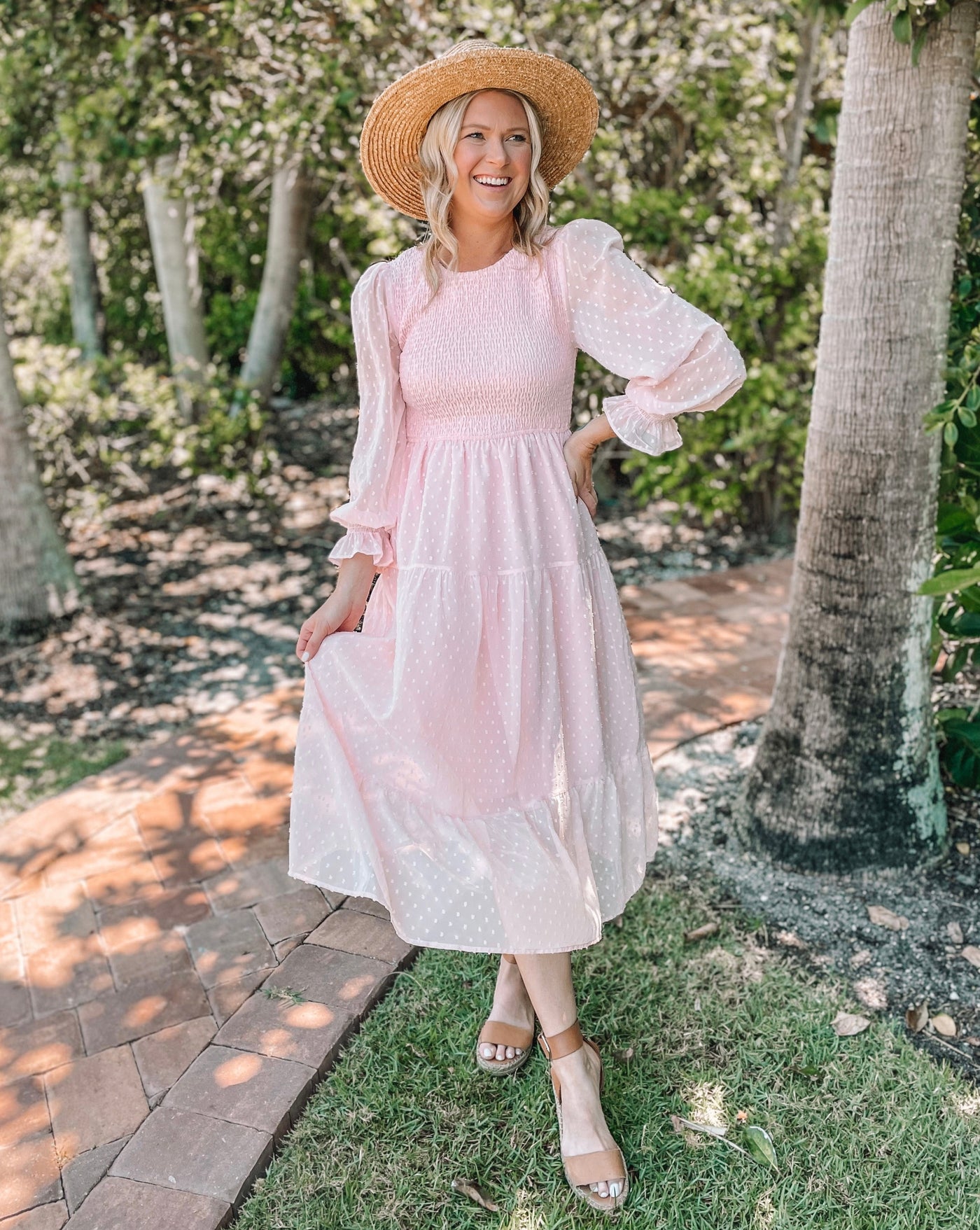 MEROKEETY Long Sleeve Crewneck Swiss Dot Smocked Midi Dress – Merokeety