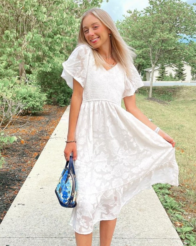 MEROKEETY V Neck Ruffle Sleeve Floral Lace Smocked Midi Dress Merokeety MEROKEETY V Neck Ruffle Sleeve Floral Lace Smocked Midi Dress Merokeety